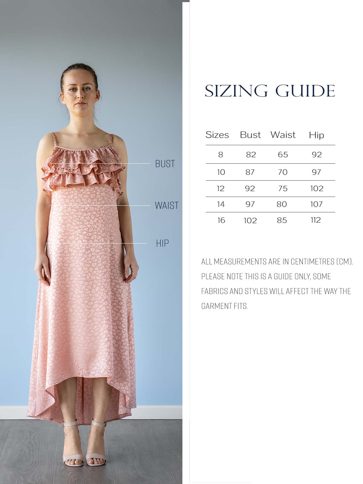 Sizing guide shows how Shebby garments are designed to fit
